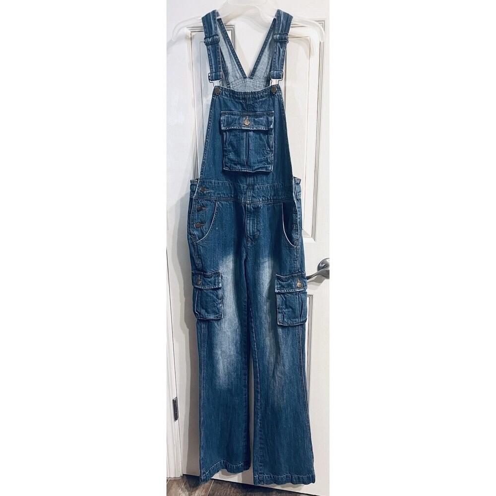Y2K Rouge Women’s Denim Overalls S Cotton Wide-Leg Adjustable Cargo Pockets EUC